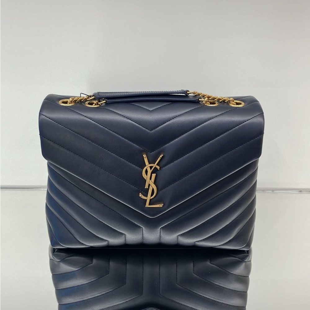 Yves Saint Laurent Dark Blue Loulou Chevron Shoulder Bag